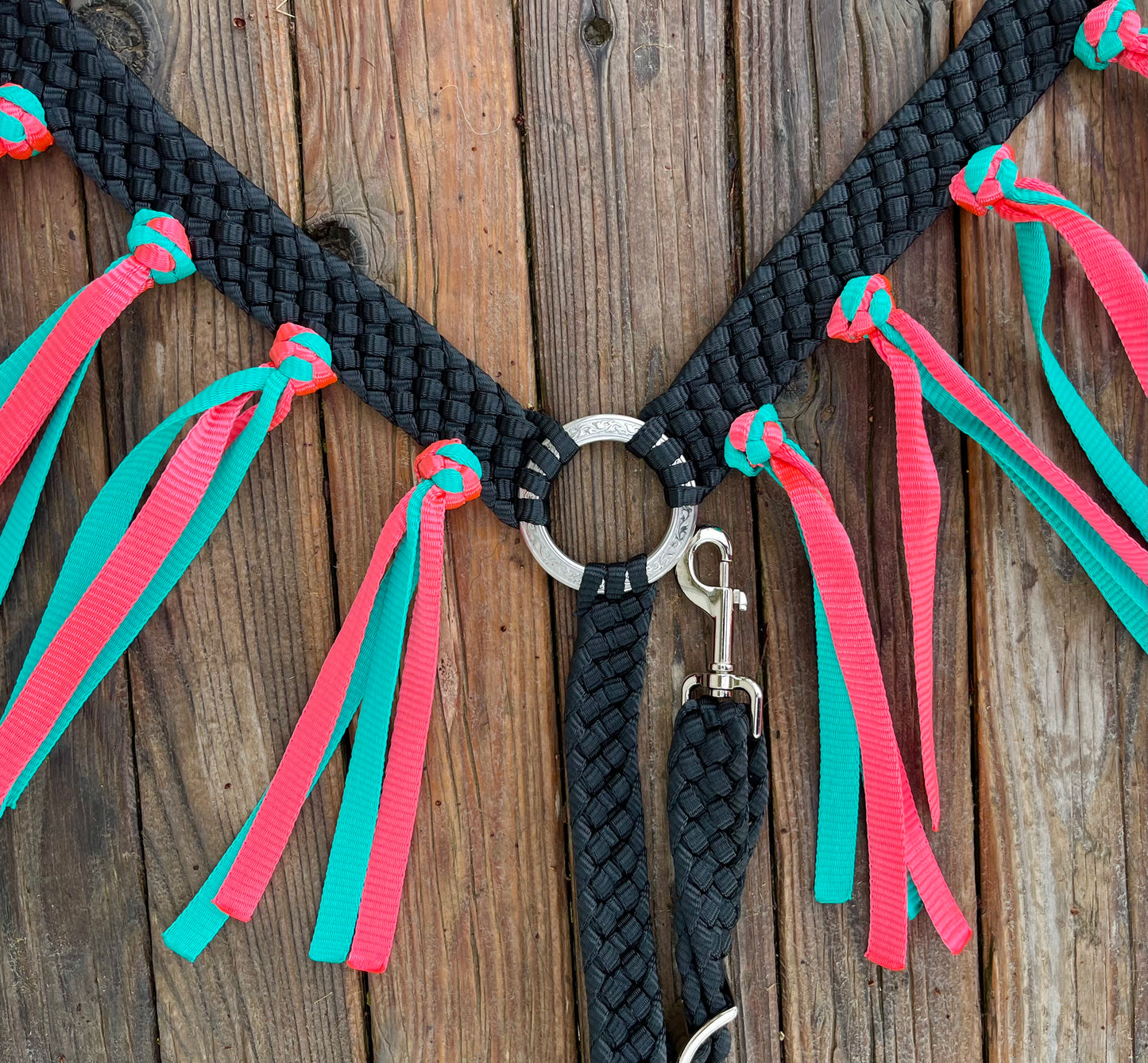 Black Mule Tape Breast Collar with Neon Pink & Turquoise Fringe