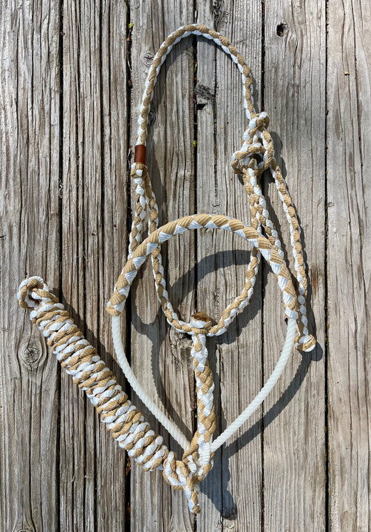 White & Beige Mule Tape Horse Halter with Lariat Nose Band