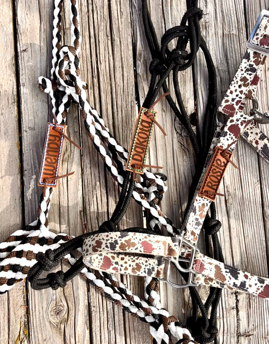 custom beaded leather horse halter name tags on a mule tape halter, rope halter and nylon halter