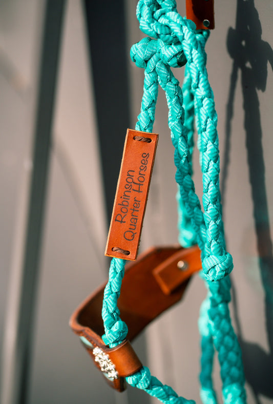 a turquoise mule tape horse halter with a laser engraved leather name tag