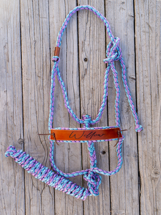 A multicolored mule tape horse halter with a custom leather nose band laid out on a wooden surface.