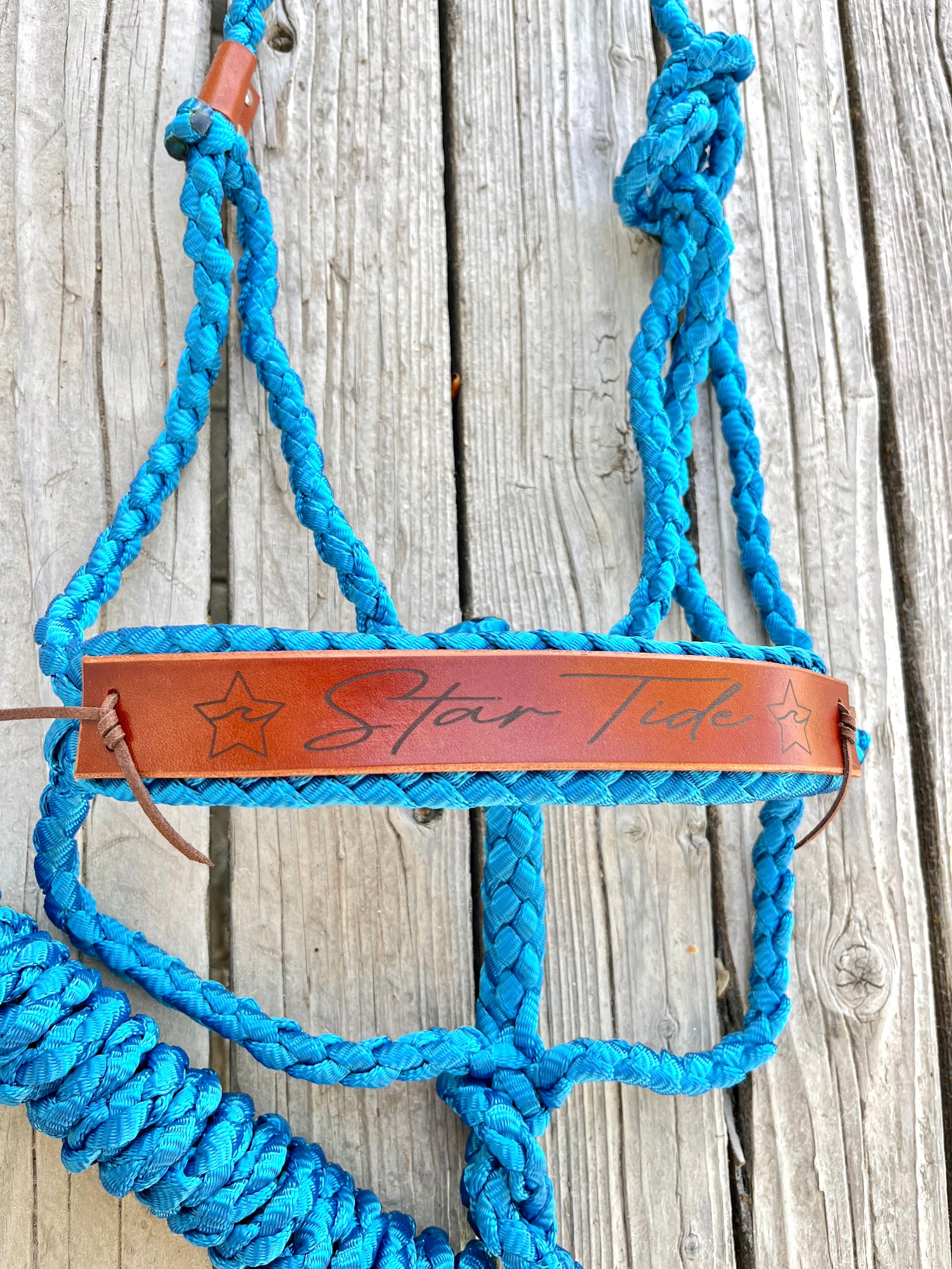 Blue mule tape horse halter with leather nose band on a wooden background. Custom brand laser engraved on on nose band