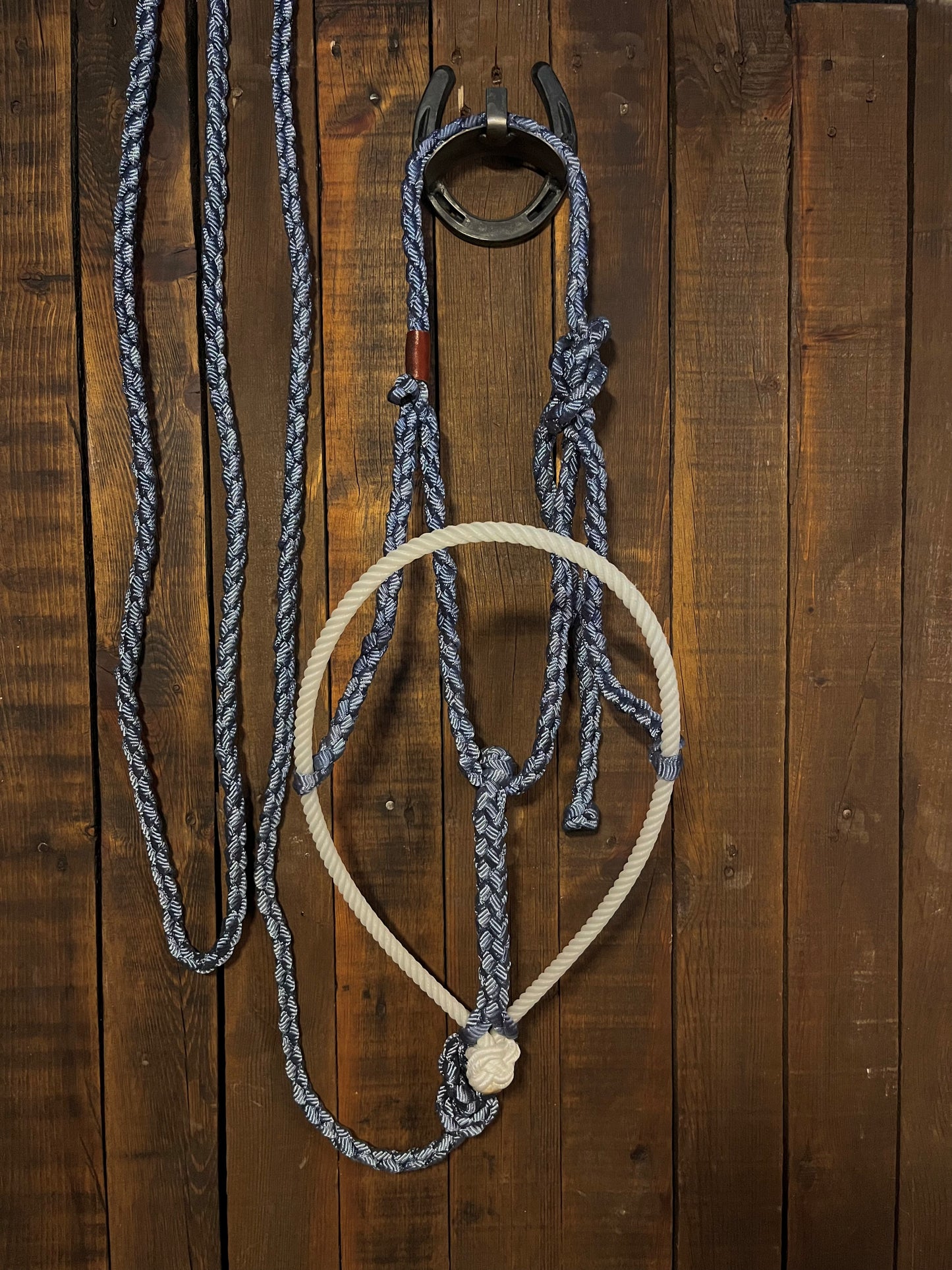 Denim Blue Mule Tape Horse Halter with White Lariat Nose Band