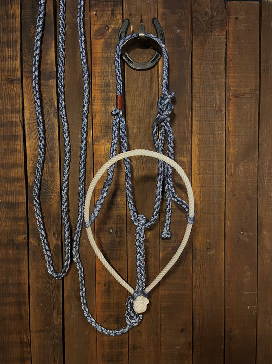Denim Blue Mule Tape Horse Halter with White Lariat Nose Band