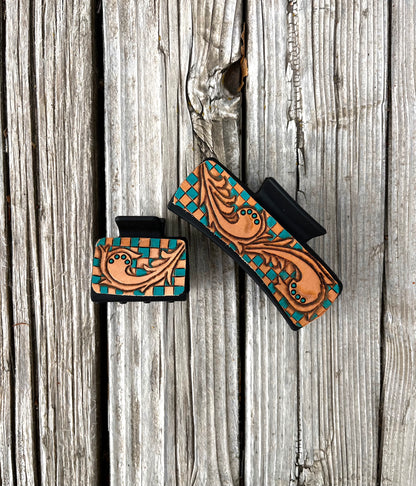 Checkered Leather Tooled Hair Clips