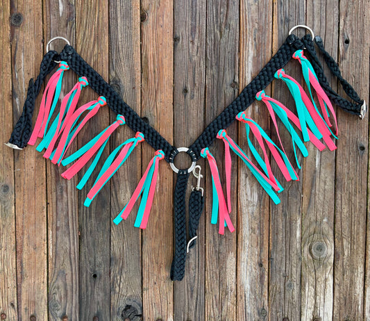 Black Mule Tape Breast Collar with Neon Pink & Turquoise Fringe