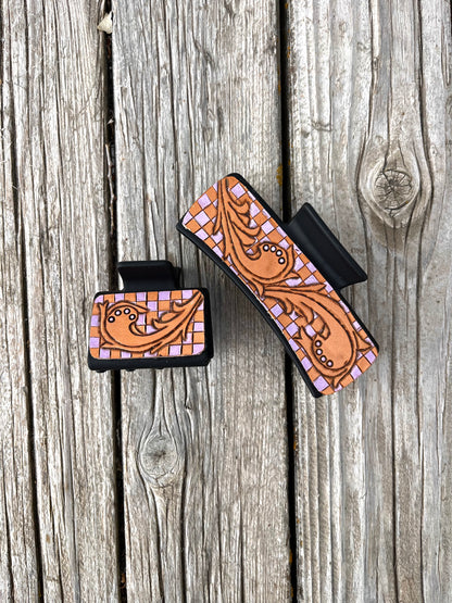 Checkered Leather Tooled Hair Clips