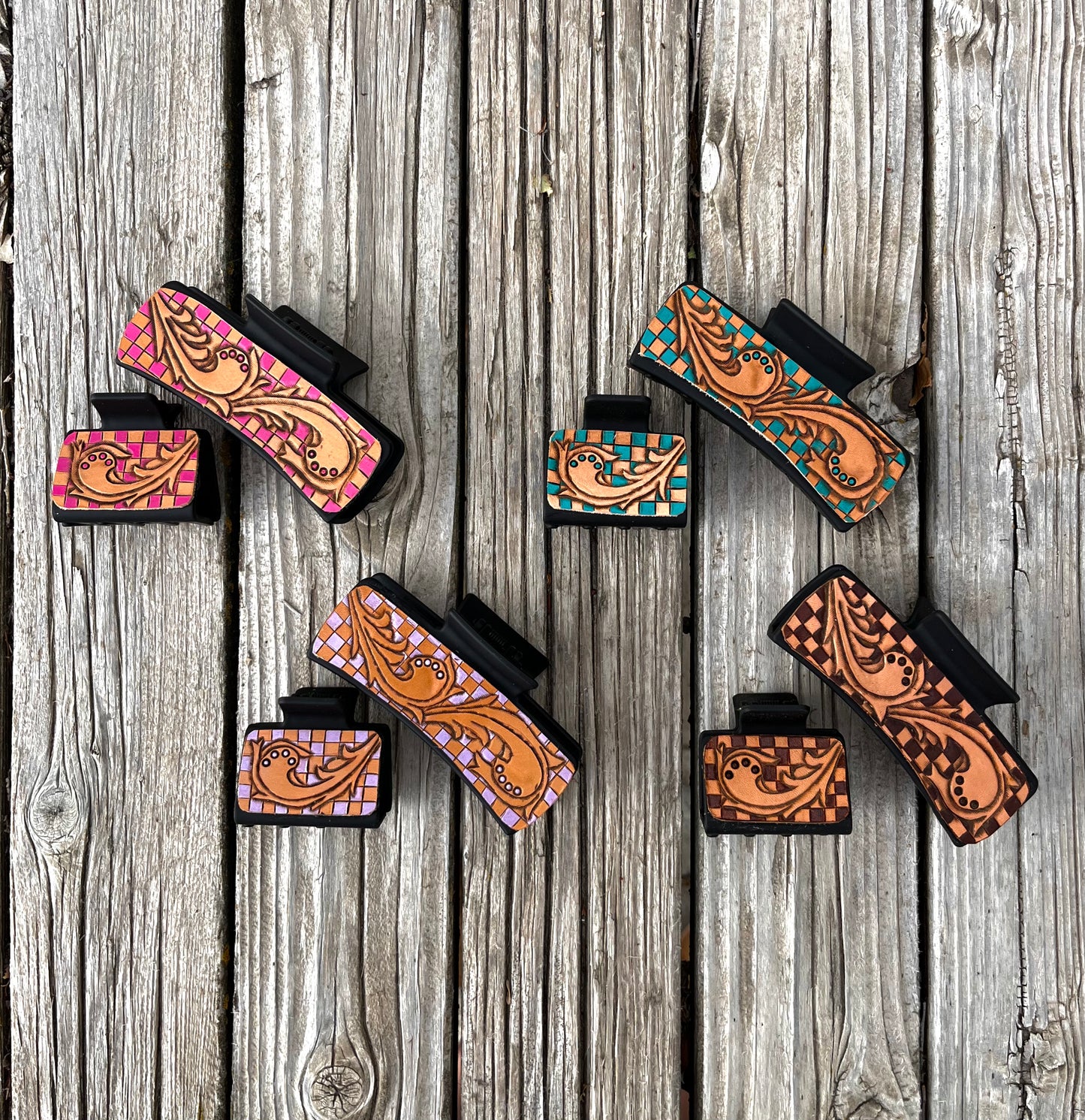 Checkered Leather Tooled Hair Clips