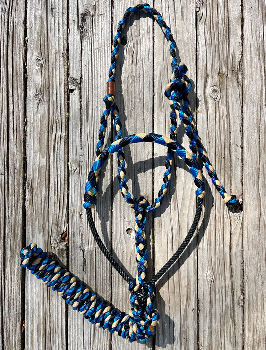 Black, Navy, Royal Blue & Beige Mule Tape Horse Halter with Lariat Nose Band