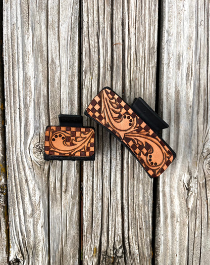 Checkered Leather Tooled Hair Clips