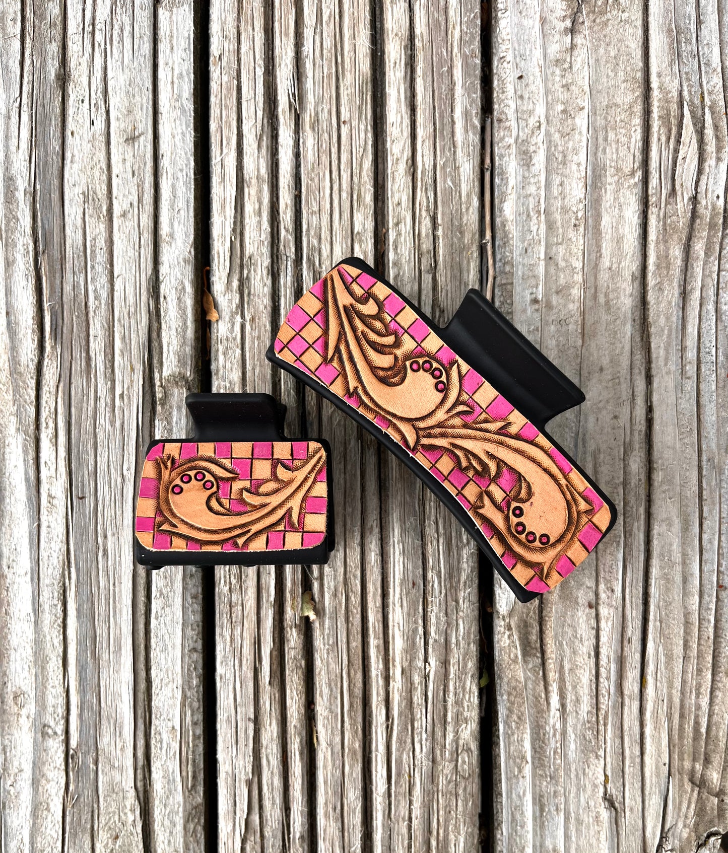 Checkered Leather Tooled Hair Clips