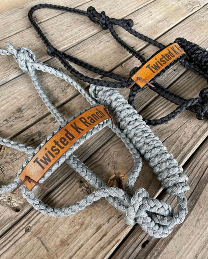 A custom leather nose band on mule tape halters